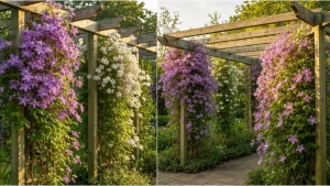 Clematis powojnik z fioletowymi kwiatami na pergoli w ogrodzie, fotografia makro