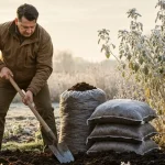 Ogrodnik przygotowuje rabatkę do sadzenia w grudniu, trzymając łopatę i worki z kompostem