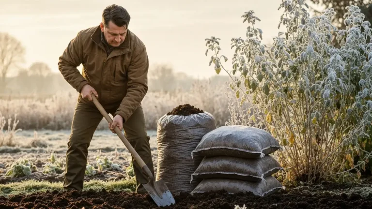 Ogrodnik przygotowuje rabatkę do sadzenia w grudniu, trzymając łopatę i worki z kompostem