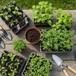 Rozsady warzyw i kwiatów gotowe do posadzenia w ogrodzie w kwiet­niu – pomidory, papryka, aster