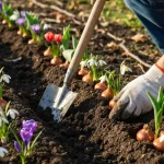 Ogrodnik sadzący cebulki tulipanów i śnieżyc we wrześniu w przygotowaną glebę ogrodową