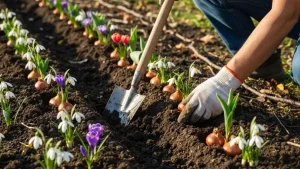 Ogrodnik sadzący cebulki tulipanów i śnieżyc we wrześniu w przygotowaną glebę ogrodową