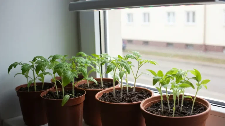 Młode sadzonki pomidorów i papryki na parapecie z lampą LED, styczeń