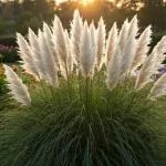 Cortaderia selloana trawa pampasowa z białymi pióropuszami w ogrodzie polski.