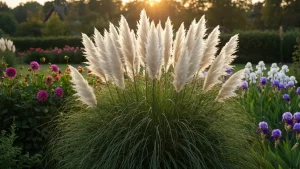 Cortaderia selloana trawa pampasowa z białymi pióropuszami w ogrodzie polski.