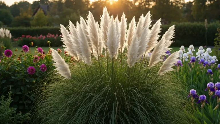Cortaderia selloana trawa pampasowa z białymi pióropuszami w ogrodzie polski.