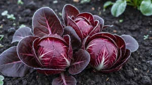 Dojrzałe głowy cykori sałatowej (radicchio) z charakterystycznym czerwonym zabarwieniem zbierane zimą w ogrodzie