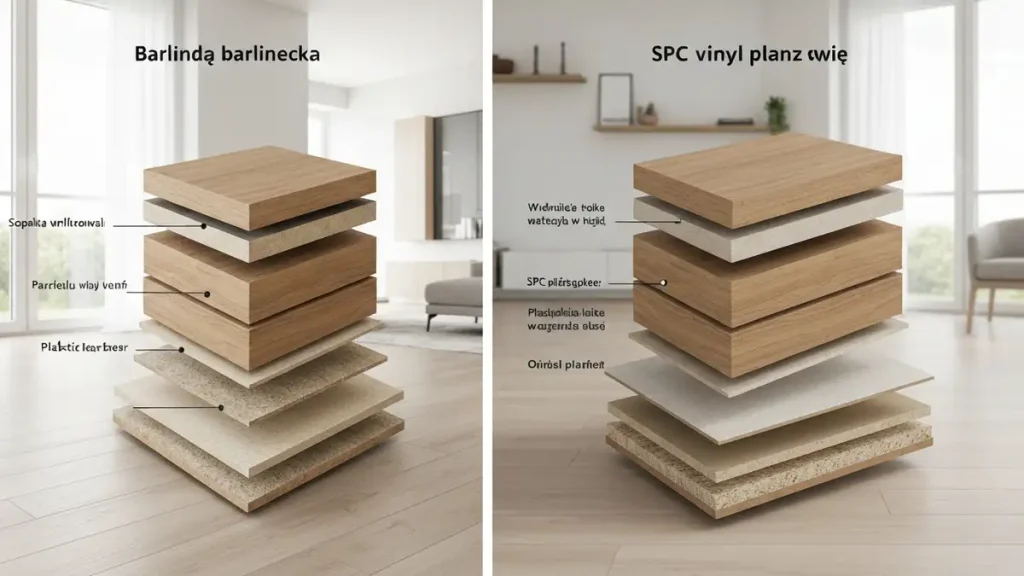 Porównanie desek barlineckich i paneli winylowych SPC – obraz przekrojowy warstw materiałów