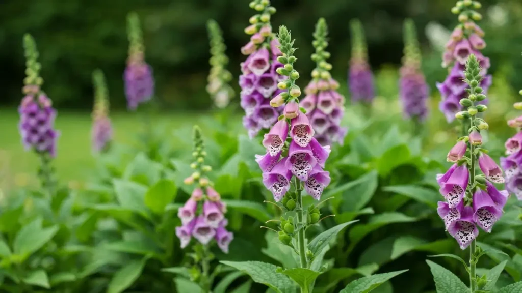 Kwitnące fioletowe naparstnice Digitalis purpurea z czarnymi plamkami w ogrodzie