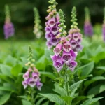 Kwitnące fioletowe naparstnice Digitalis purpurea z czarnymi plamkami w ogrodzie