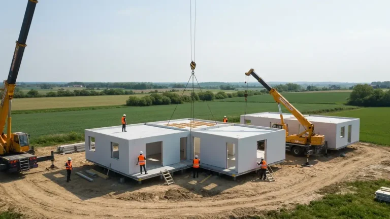 Dom modułowy składany z prefabrykowanych elementów na terenie budowy