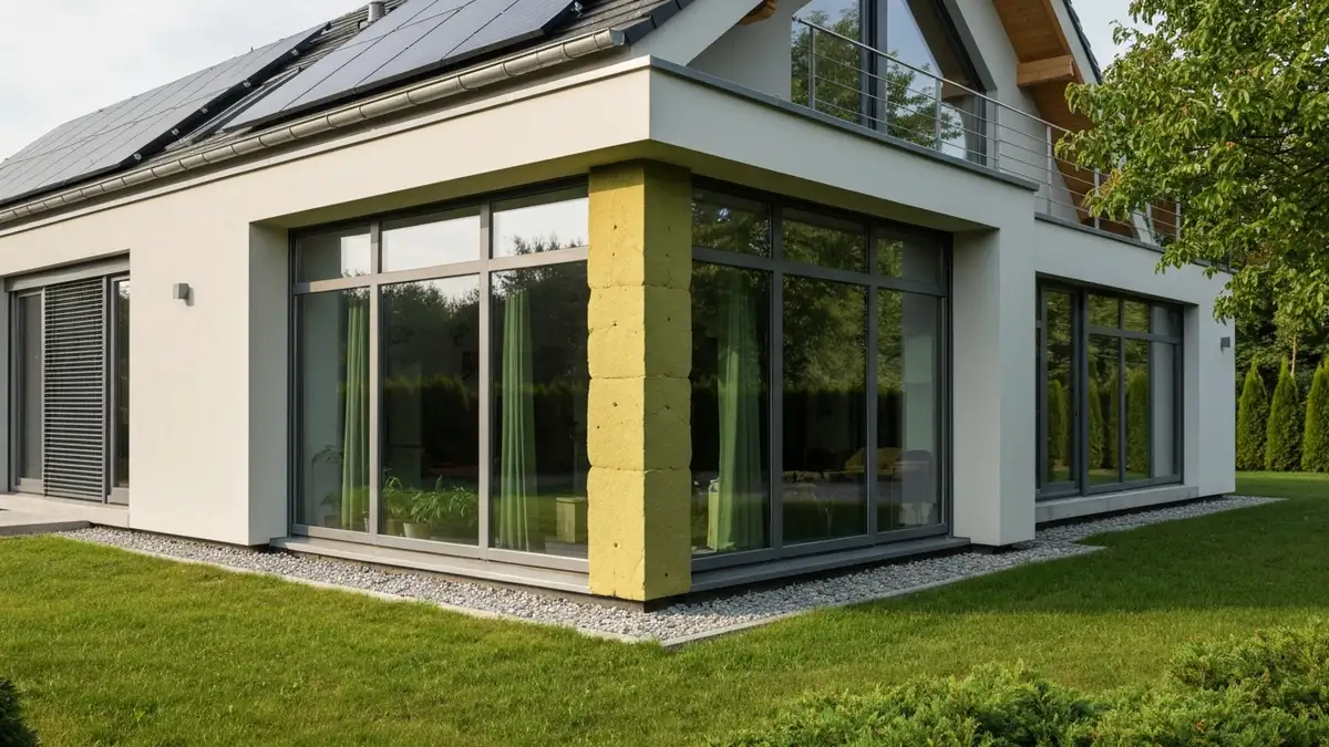 dom pasywny z nowoczesną architekturą, wysoką izolacją i panelami słonecznymi na dachu