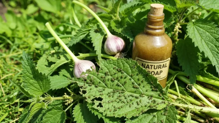 Zielone liście ze śladami mszyc obok butelek domowych oprysków: czosnku, pokrzywę i mydła naturalnego