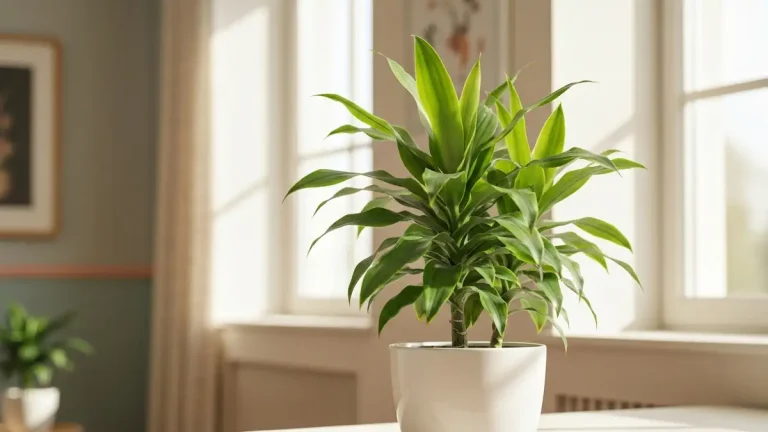 Dracena drzewkowata w doniczce, liście zielone, w jasnym wnętrzu domowym