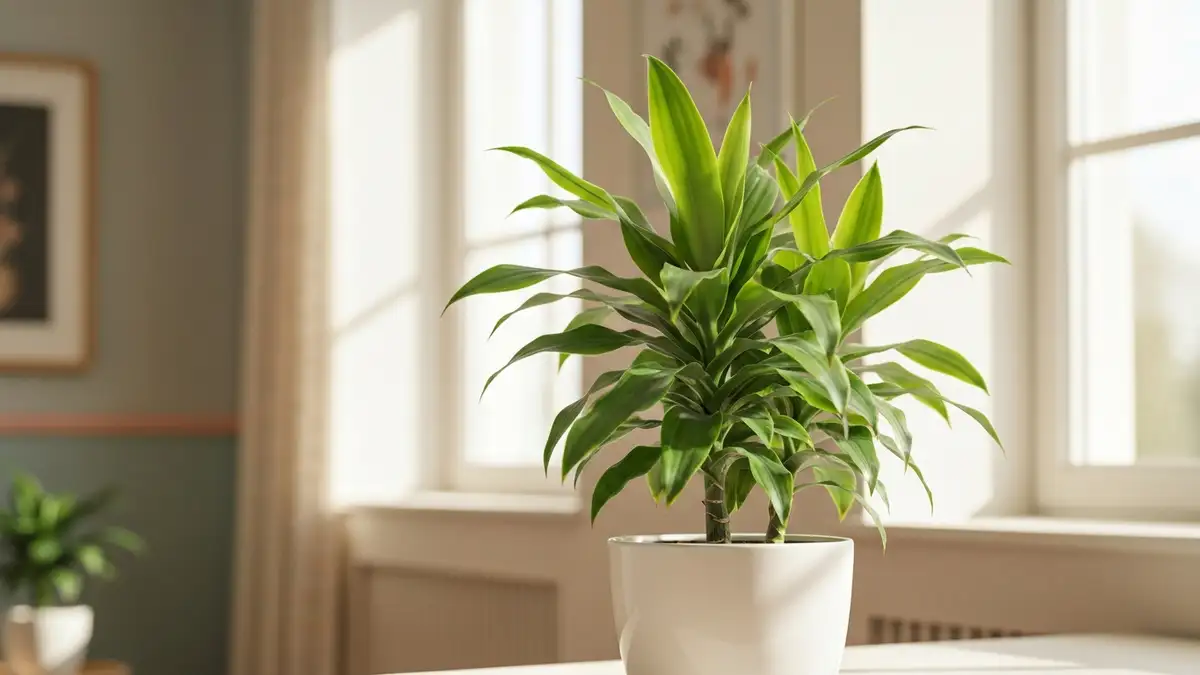 Dracena drzewkowata w doniczce, liście zielone, w jasnym wnętrzu domowym