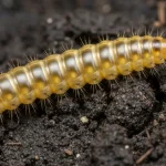 Larwa drutowca – sprężyk pokazany w poprzek z ziemią