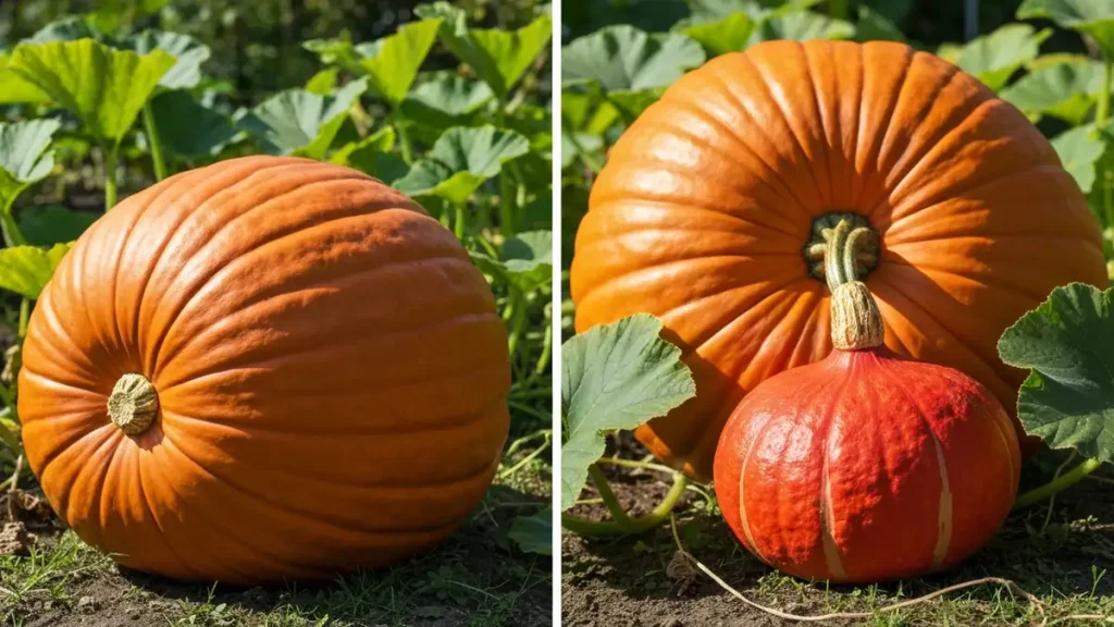 Dynia olbrzymia Atlantic Giant obok dyni hokkaido na tle zielonego ogrodu
