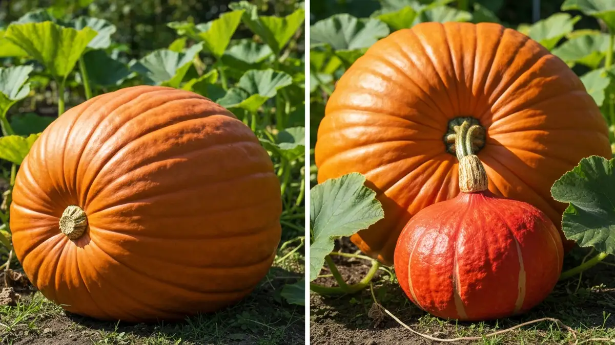 Dynia olbrzymia Atlantic Giant obok dyni hokkaido na tle zielonego ogrodu