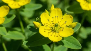 Żółte kwiaty dziurawca zwyczajnego (Hypericum perforatum) w pełnym rozkwicie w ogrodzie słonecznym