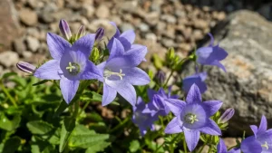 Dzwonek ogrodowy (campanula) na skalniaku – kwitnące rośliny niebieskie i fioletowe