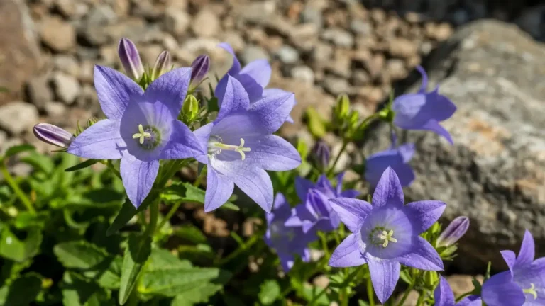 Dzwonek ogrodowy (campanula) na skalniaku – kwitnące rośliny niebieskie i fioletowe
