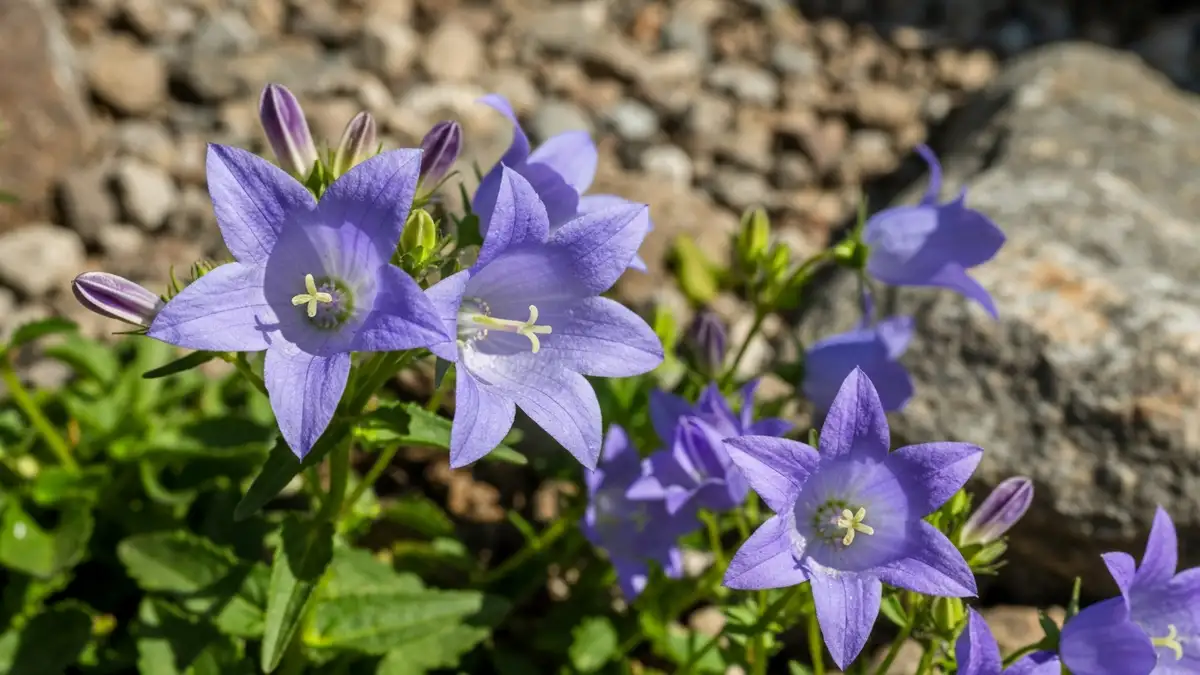 Dzwonek ogrodowy (campanula) na skalniaku – kwitnące rośliny niebieskie i fioletowe
