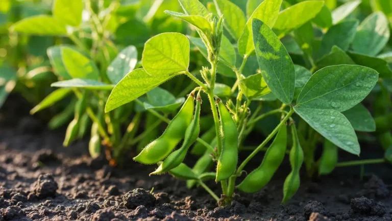 Roślinki edamame z zielonymi strąkami w polskim ogrodzie