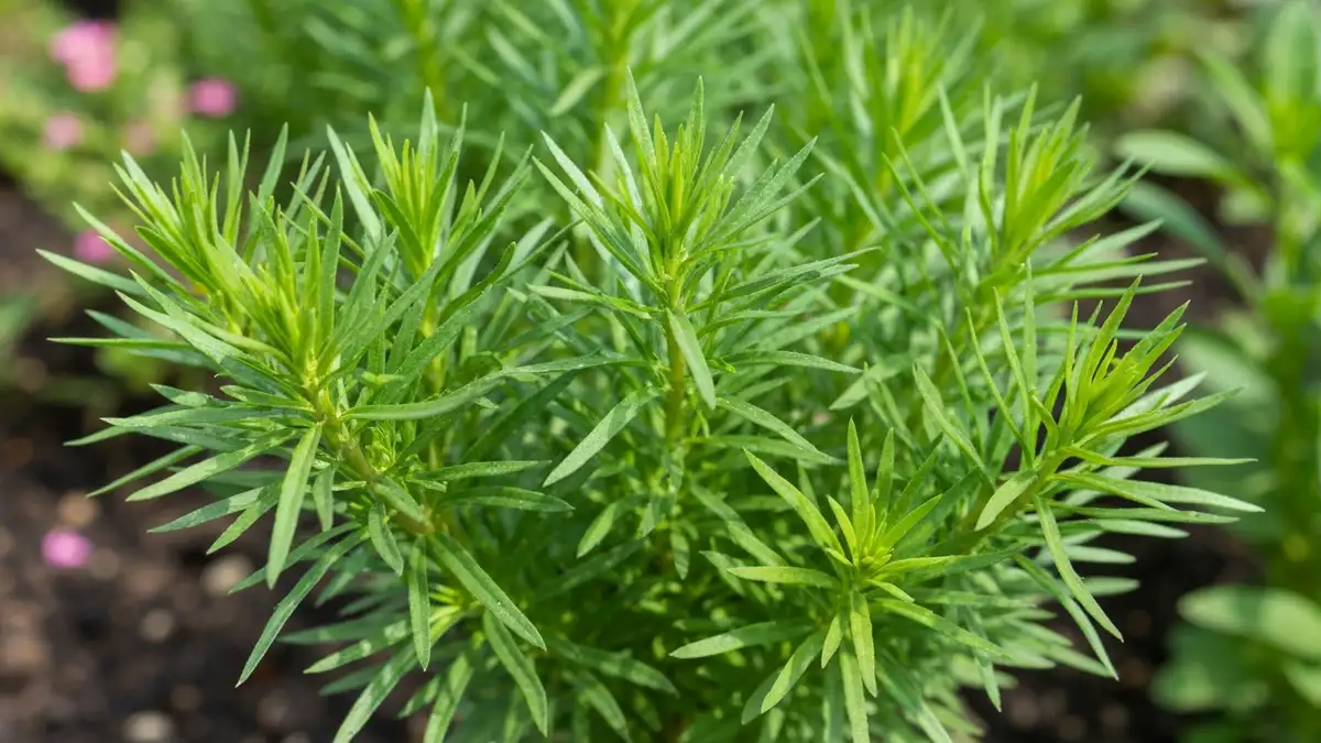 Estragon – zielone liście Artemisia dracunculus rosnące w ogrodzie na słonecznym stanowisku