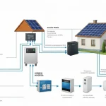 Schemat systemu fotowoltaiki z magazynem energii w domu: panele słoneczne, inwerter, bateria, urządzenia domowe