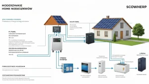 Schemat systemu fotowoltaiki z magazynem energii w domu: panele słoneczne, inwerter, bateria, urządzenia domowe