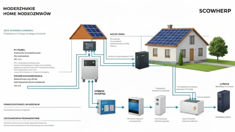 Schemat systemu fotowoltaiki z magazynem energii w domu: panele słoneczne, inwerter, bateria, urządzenia domowe