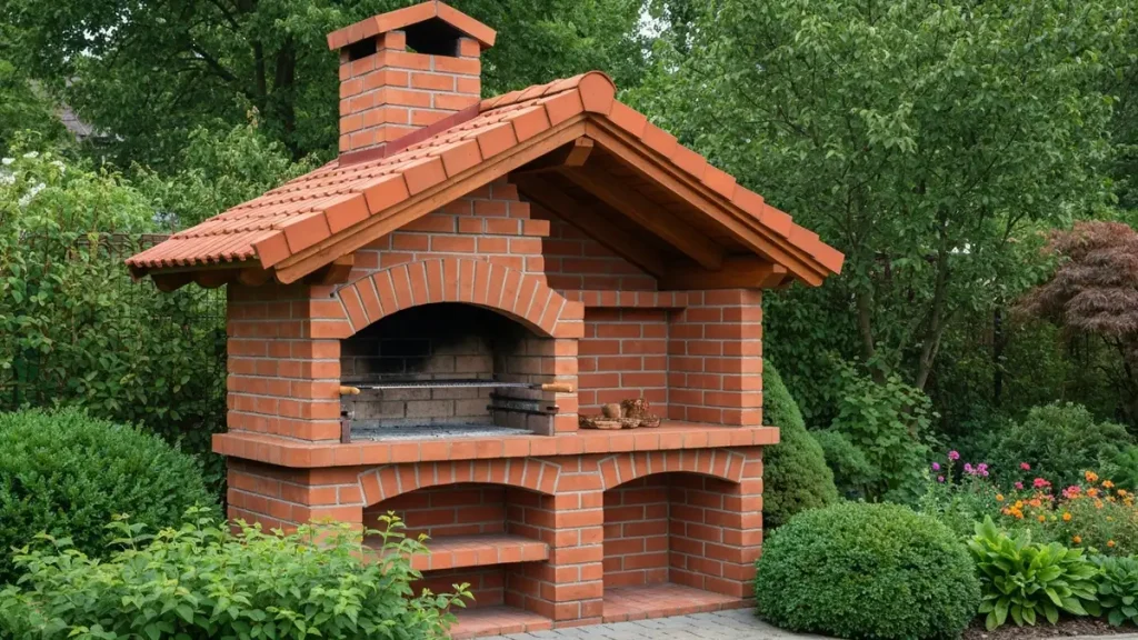 Gotowy grill murowany z cegły w ogrodzie z dachem i okapem