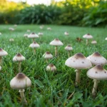 Grzyby rosnące na trawniku - dookoła zielonej trawy widoczne białe i brązowe owocniki grzybów