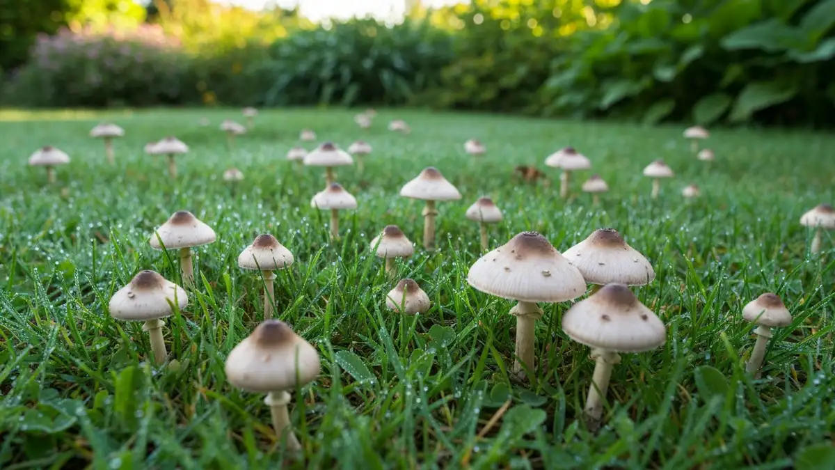 Grzyby rosnące na trawniku - dookoła zielonej trawy widoczne białe i brązowe owocniki grzybów