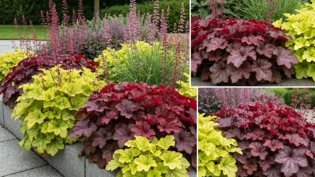 Heuchera z liśćmi w kolorach czerwonym, żółtym i fioletowym w ogrodzie