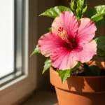 Hibiskus chiński w doniczce z jasnoróżowymi kwiatami, zielone liście błyszczące, dobitnie oświetlony naturalnym światłem słonecznym