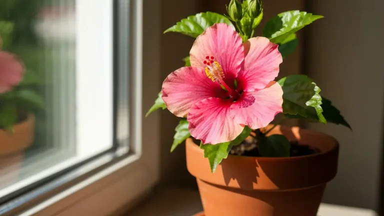 Hibiskus chiński w doniczce z jasnoróżowymi kwiatami, zielone liście błyszczące, dobitnie oświetlony naturalnym światłem słonecznym