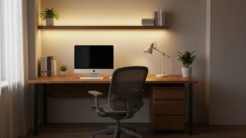Nowoczesne biuro domowe z ergonomicznym biurkiem, oświetleniem LED i zielenią roślin doniczkowych