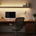 Nowoczesne biuro domowe z ergonomicznym biurkiem, oświetleniem LED i zielenią roślin doniczkowych