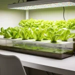 Domowy system hydroponiczny z sałatą rosnącą w wodzie bez ziemi, z lampą LED i czujnikami pomiarowymi