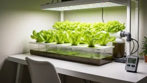 Domowy system hydroponiczny z sałatą rosnącą w wodzie bez ziemi, z lampą LED i czujnikami pomiarowymi
