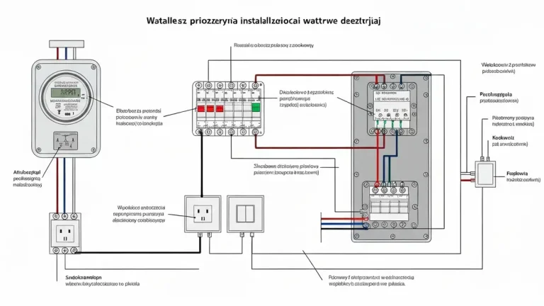 Schemat instalacji elektrycznej w domu z zaznaczeniem głównych komponentów: licznika, rozdzielnicy, wyłączników i przewodów
