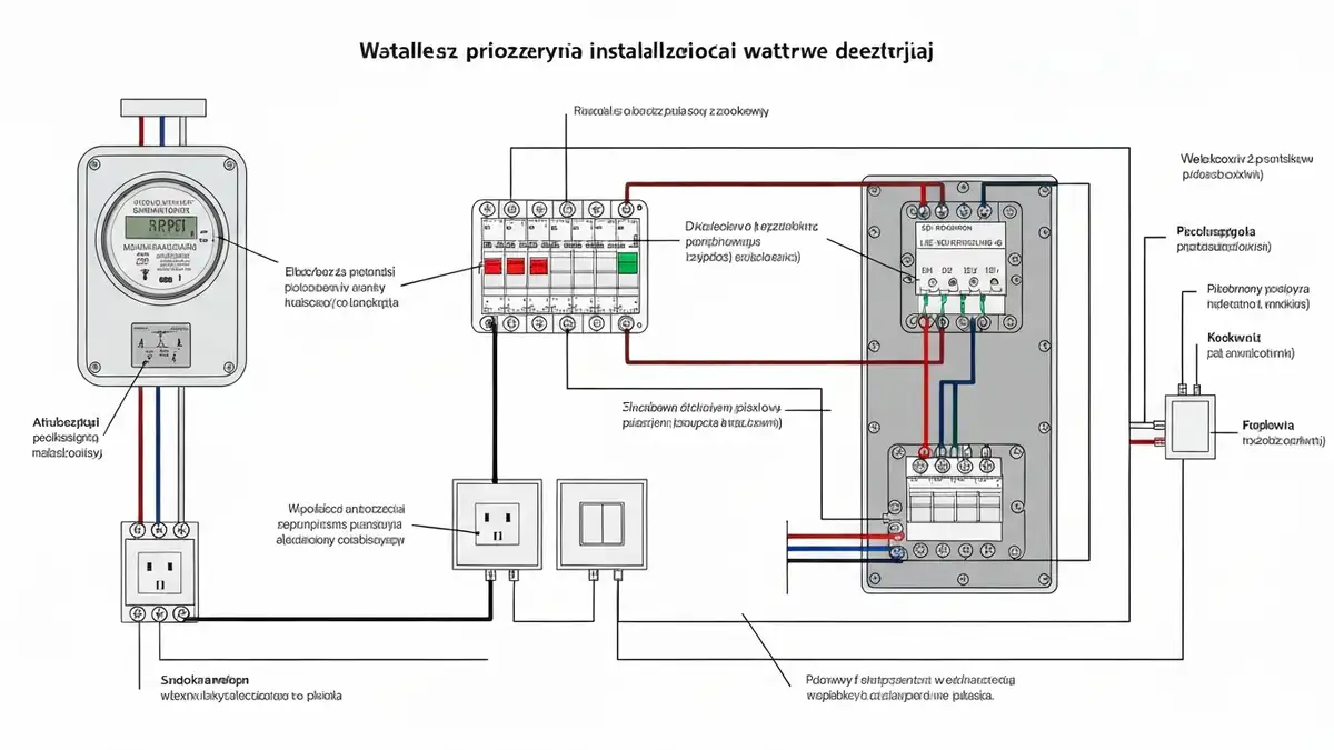 Schemat instalacji elektrycznej w domu z zaznaczeniem głównych komponentów: licznika, rozdzielnicy, wyłączników i przewodów