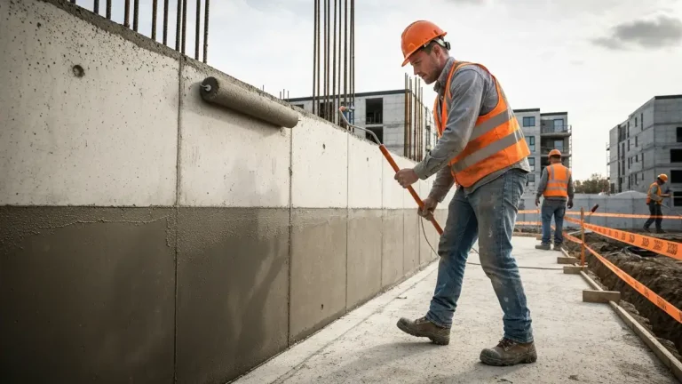 Pracownik aplikujący membranę przeciwwilgociową na fundamentie budynku