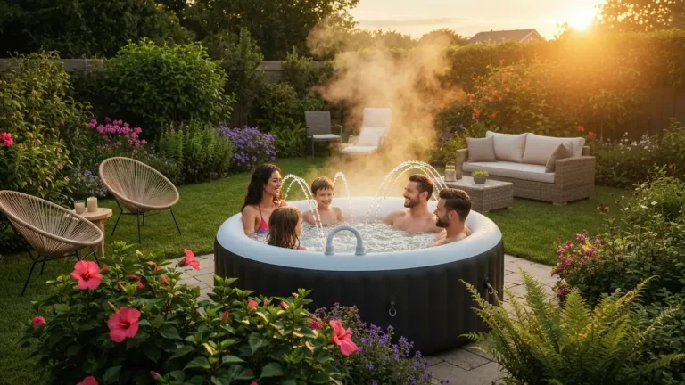 Rodzina relaksuje się w jacuzzi ogrodowym nadmuchiwnym z hydromasażem na terenie prywatnego ogrodu