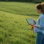 Przyszły właściciel domu stoi na działce budowlanej, ogląda teren, trzyma tablet z mapą.