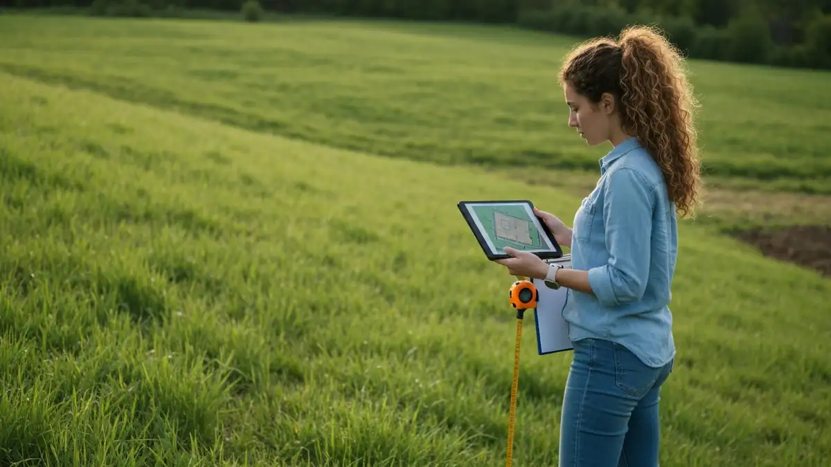 Przyszły właściciel domu stoi na działce budowlanej, ogląda teren, trzyma tablet z mapą.