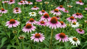 Bukiet różowych i purpurowych kwiatów jeżówki (Echinacea) rosnących w ogrodzie, widok całej rośliny z zielonymi liśćmi