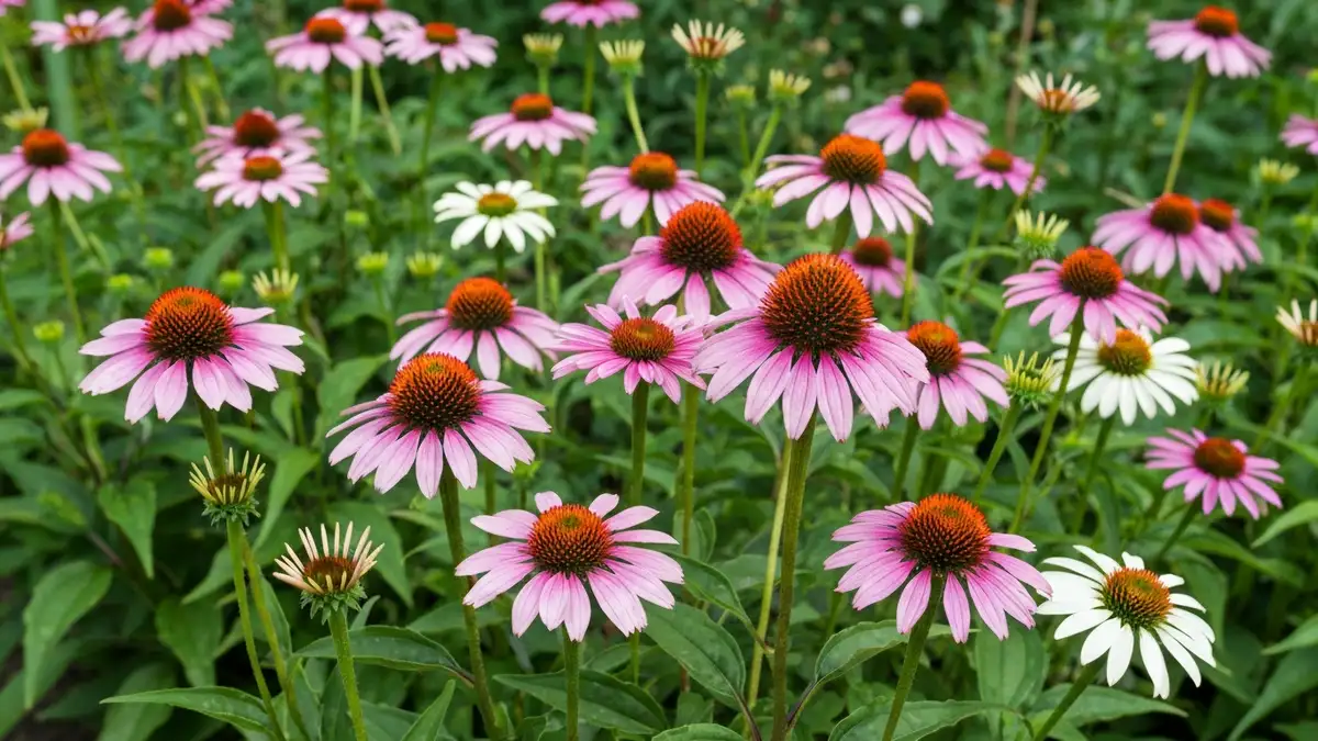 Bukiet różowych i purpurowych kwiatów jeżówki (Echinacea) rosnących w ogrodzie, widok całej rośliny z zielonymi liśćmi