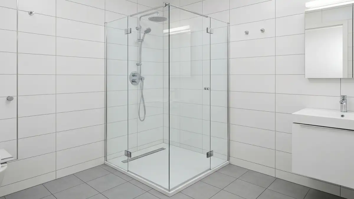 Nowoczesna kabina prysznicowa walk-in z odpływem liniowym i szklanym ekranem w minimalistycznej łazience